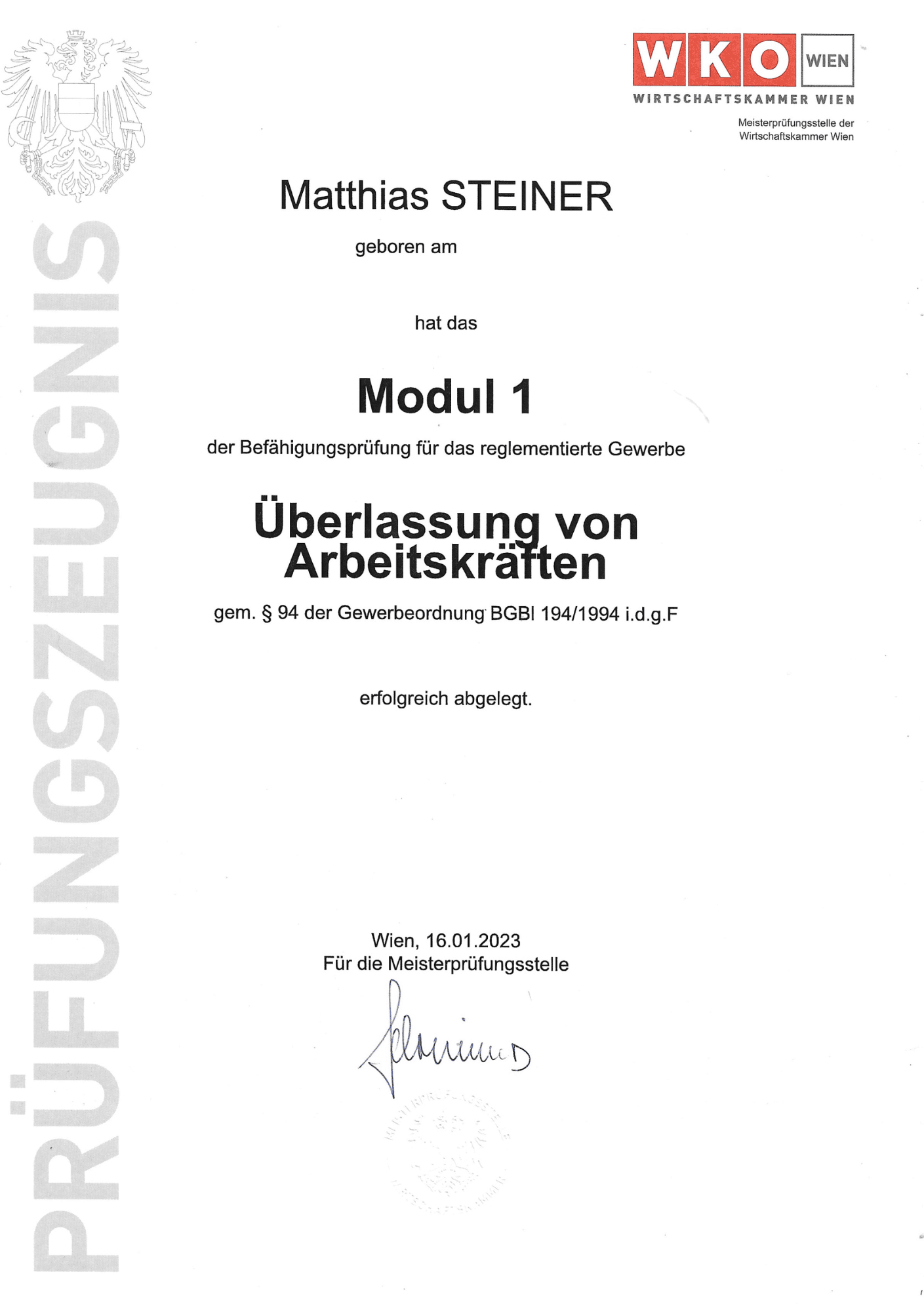 Zeugnis - Überlassung von Arbeitskräften Modul 1 - Catering Event Bar Wien Zeugnis - Überlassung von Arbeitskräften Modul 1 - Catering Event Bar Wien