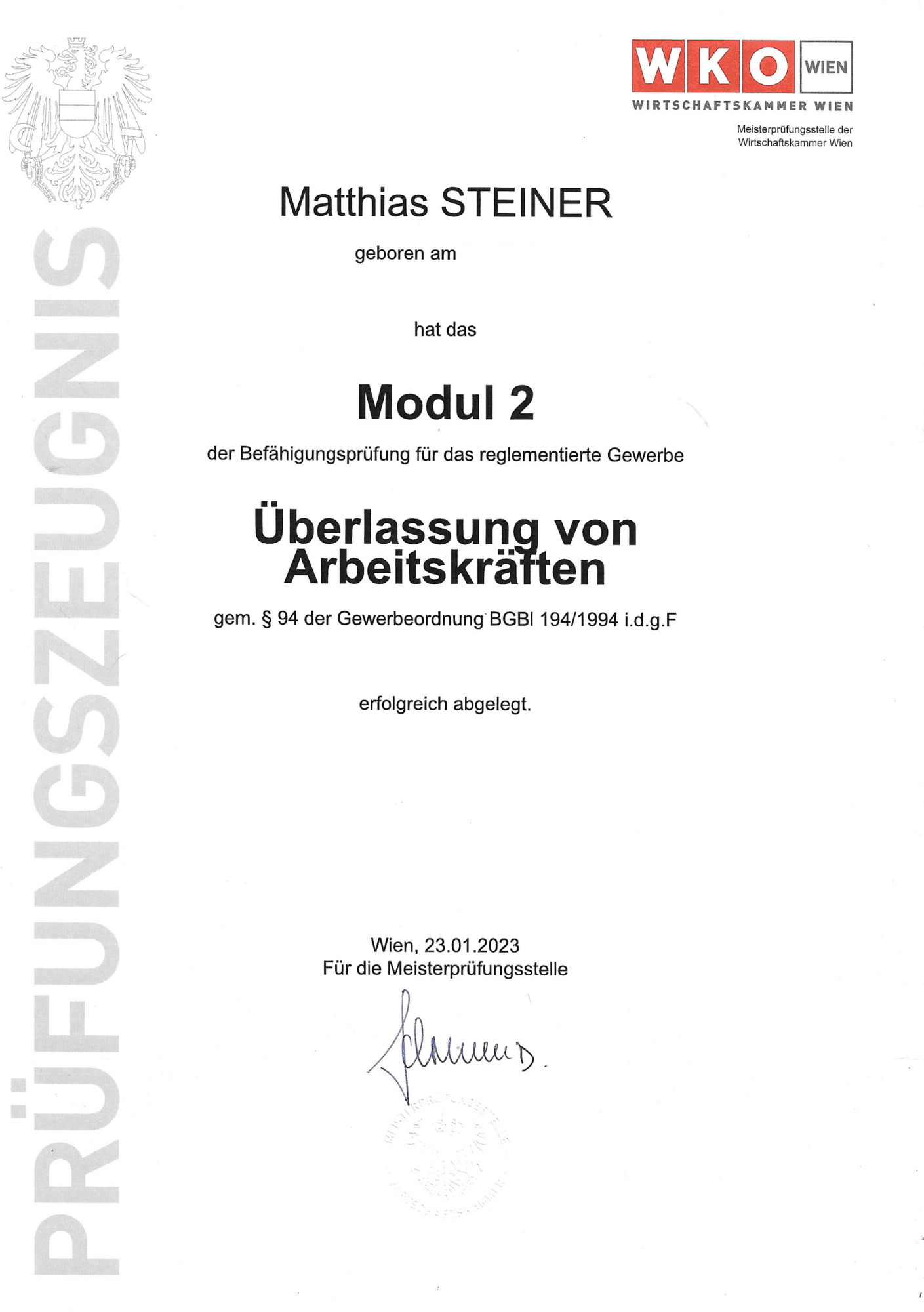 Zeugnis - Überlassung von Arbeitskräften Modul 2 - Catering Event Bar Wien Zeugnis - Überlassung von Arbeitskräften Modul 2 - Catering Event Bar Wien