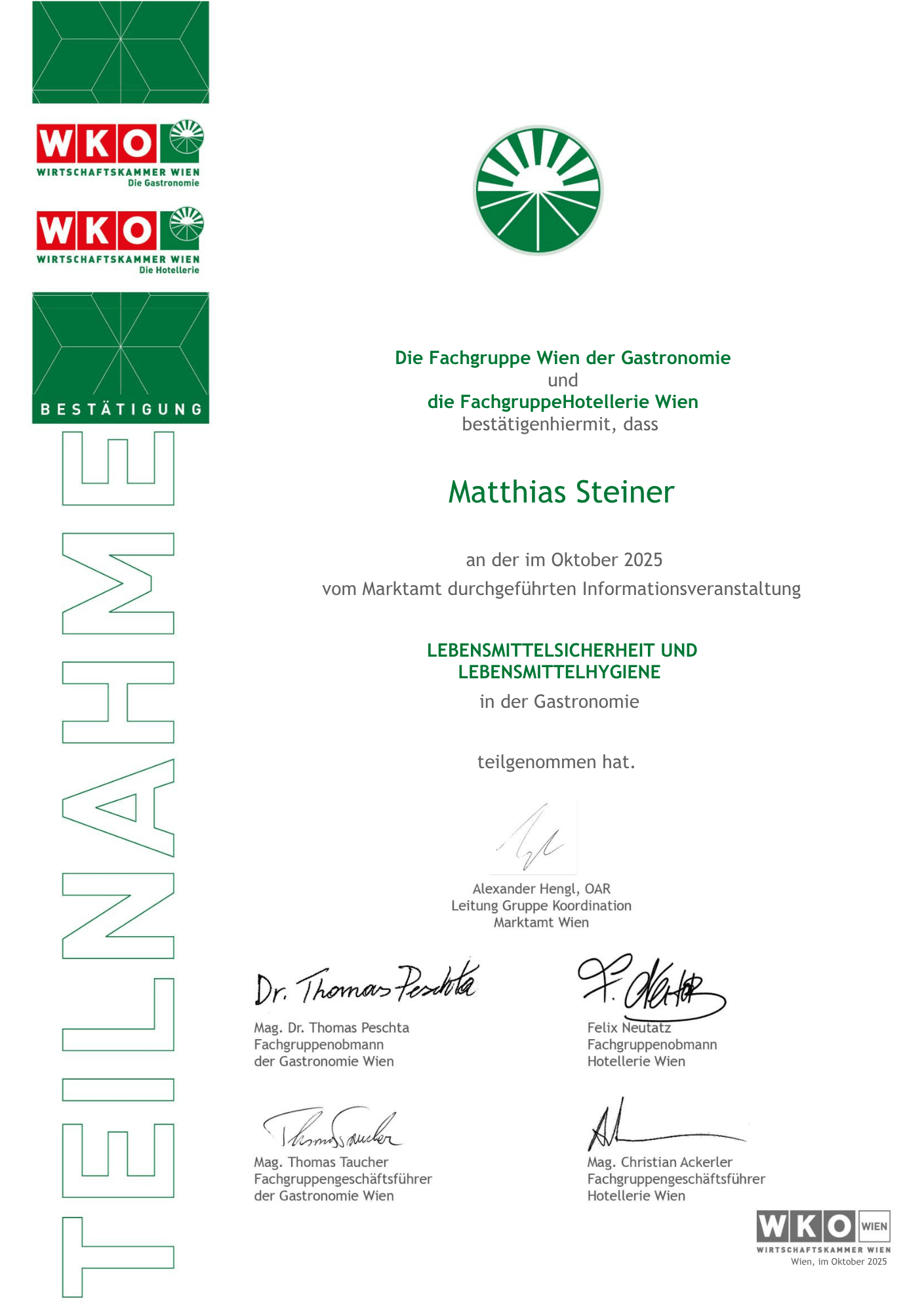 Bestätigung - Hygieneschulung - Marktamt Wien - Catering Event Bar Wien